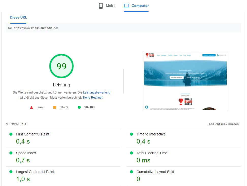www.knallblaumedia.de Testergebnis PageSpeed Insights
