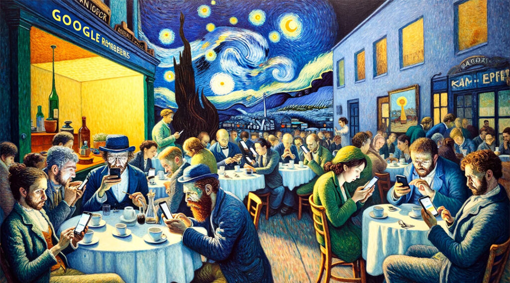 Eine Szene im Stil von Vincent van Gogh, die das Thema 'Google Bewertungen' darstellt